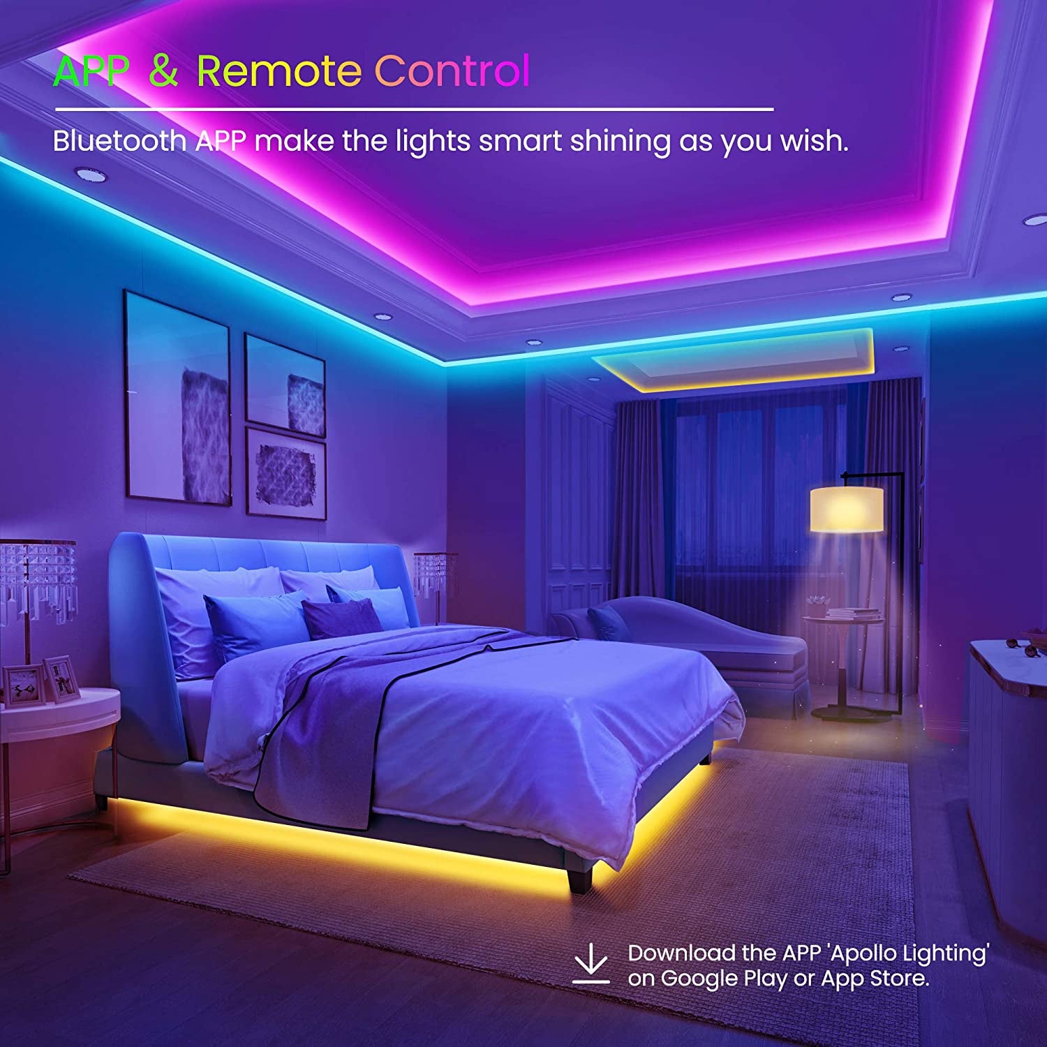 Professional title: "50 FT Bluetooth LED Strip Lights for Bedroom with Color Changing, Music Sync, Phone Controller, IR Remote"