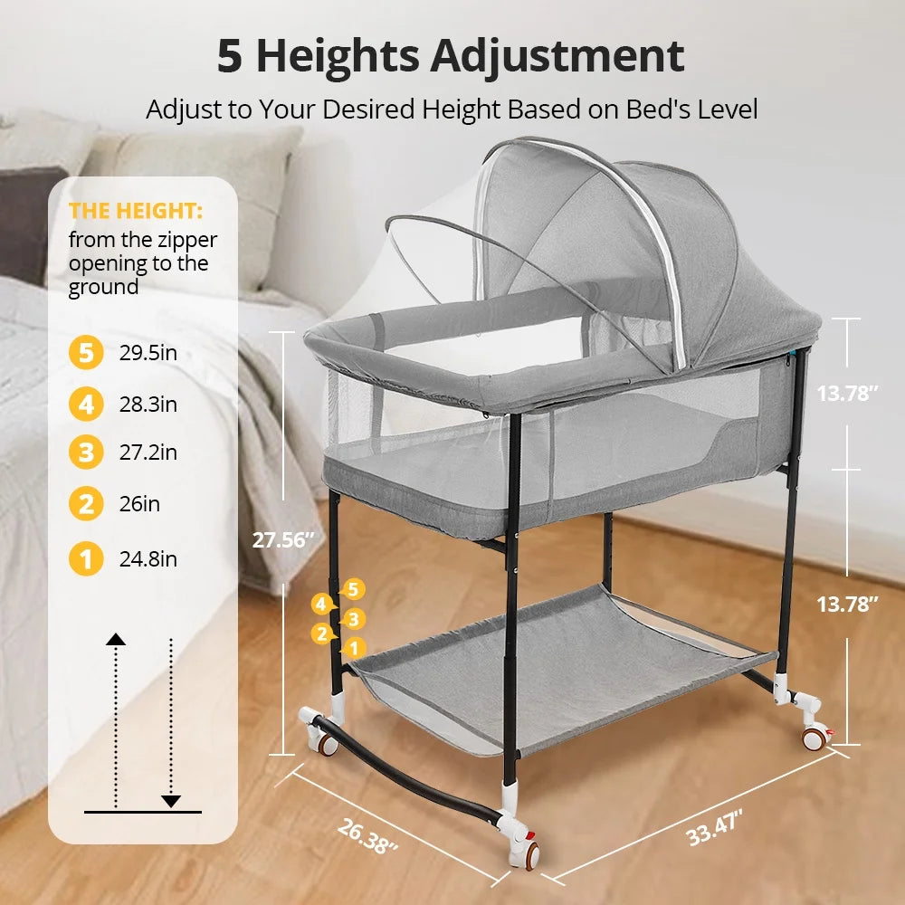 Baby Bassinet, 4 in 1 Adjustable Infant Bedside Crib Beds with Changing Table, Storage Basket, Wheel, Mosquito Net, for 0-24 Months, Gray