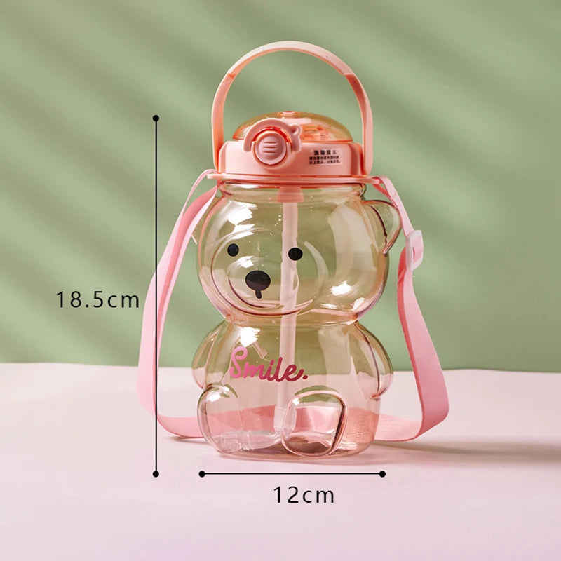 1000Ml Large Capacity Cartoon Bear Plastic Sippy Cup Children'S Portable Backpack Kettle Water Bottle Mug with Straw Girl'S Cup