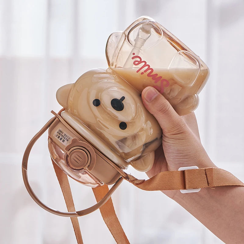 1000Ml Large Capacity Cartoon Bear Plastic Sippy Cup Children'S Portable Backpack Kettle Water Bottle Mug with Straw Girl'S Cup