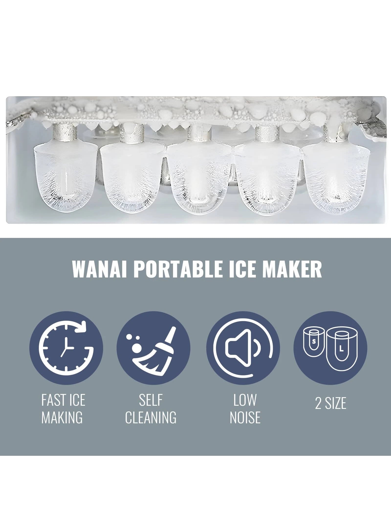 WANAI Ice Makers Countertop Portable Ice Machine 26.5Lbs/24H 9 Ice Cubes in 6-8 Mins Electric Ice Making Machine with Ice Scoop and Basket L&S Bullet Sizes for Home Party Office Bar Camping RV