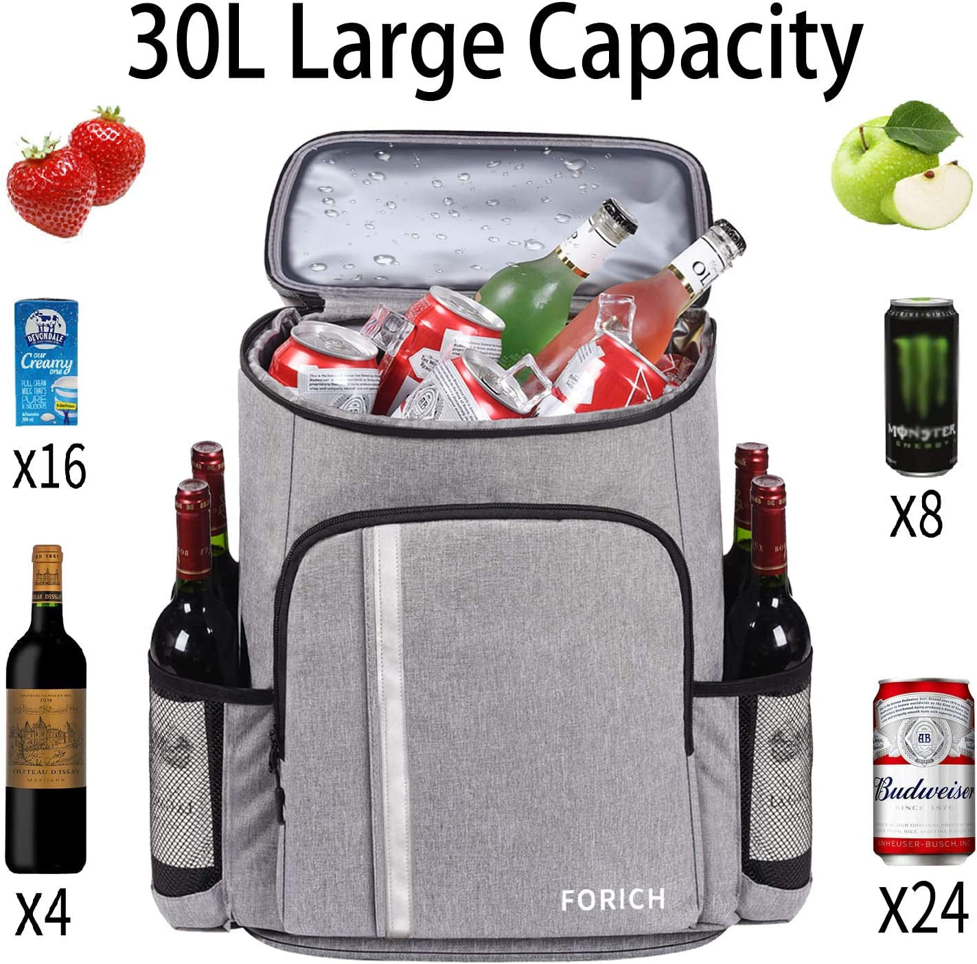 Professional title: 
```FORICH Leakproof Insulated Waterproof Backpack Cooler Bag - Lightweight Beach Cooler Backpack for Work, Lunch, Picnics, Camping, Hiking - 30 Can Capacity```