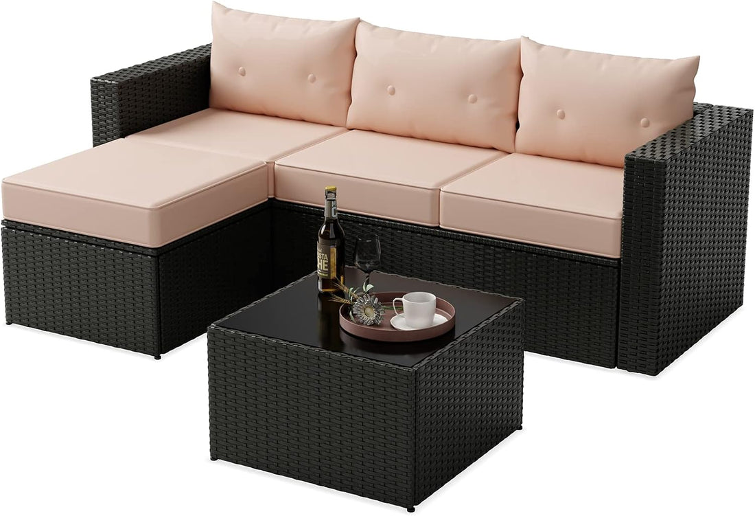 Outdoor Patio Furniture Set with Sectional Couch, Ottoman, and Glass Table - 5 Pieces (Black+Beige)