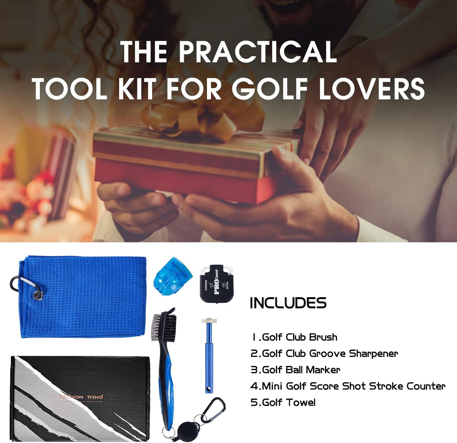 Professional Golf Club Cleaning and Tool Accessory Set with Towel, Club Brush, Groove Sharpener, Ball Marker, and Score Counter