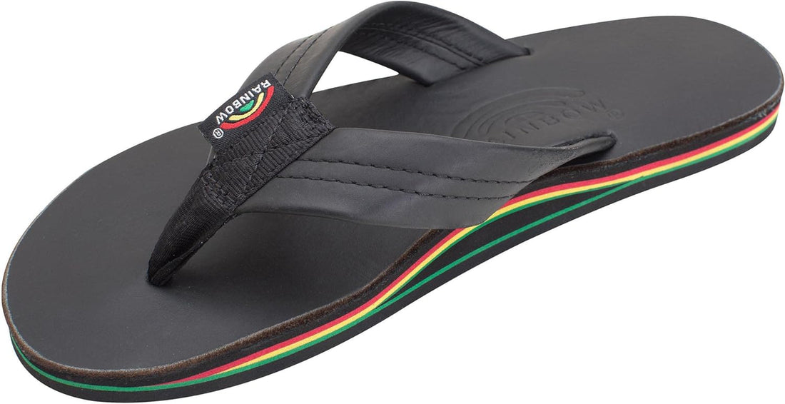 Women's Rainbow Sandals with Single Layer Black Leather and Rasta Midsole