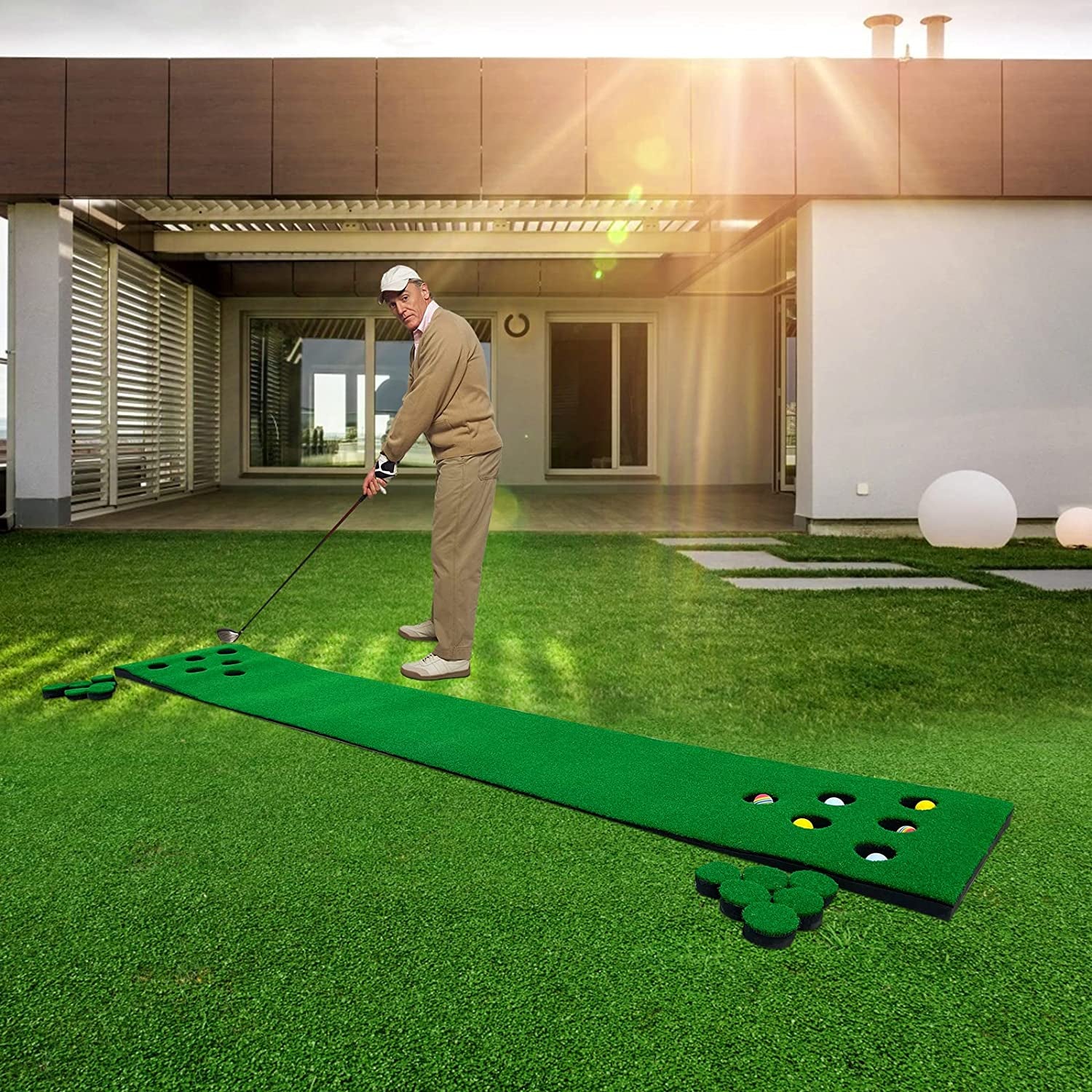 Professional Golf Putting Mat Set with Putter, Balls, and Accessories - 9.84ft x 1.64ft