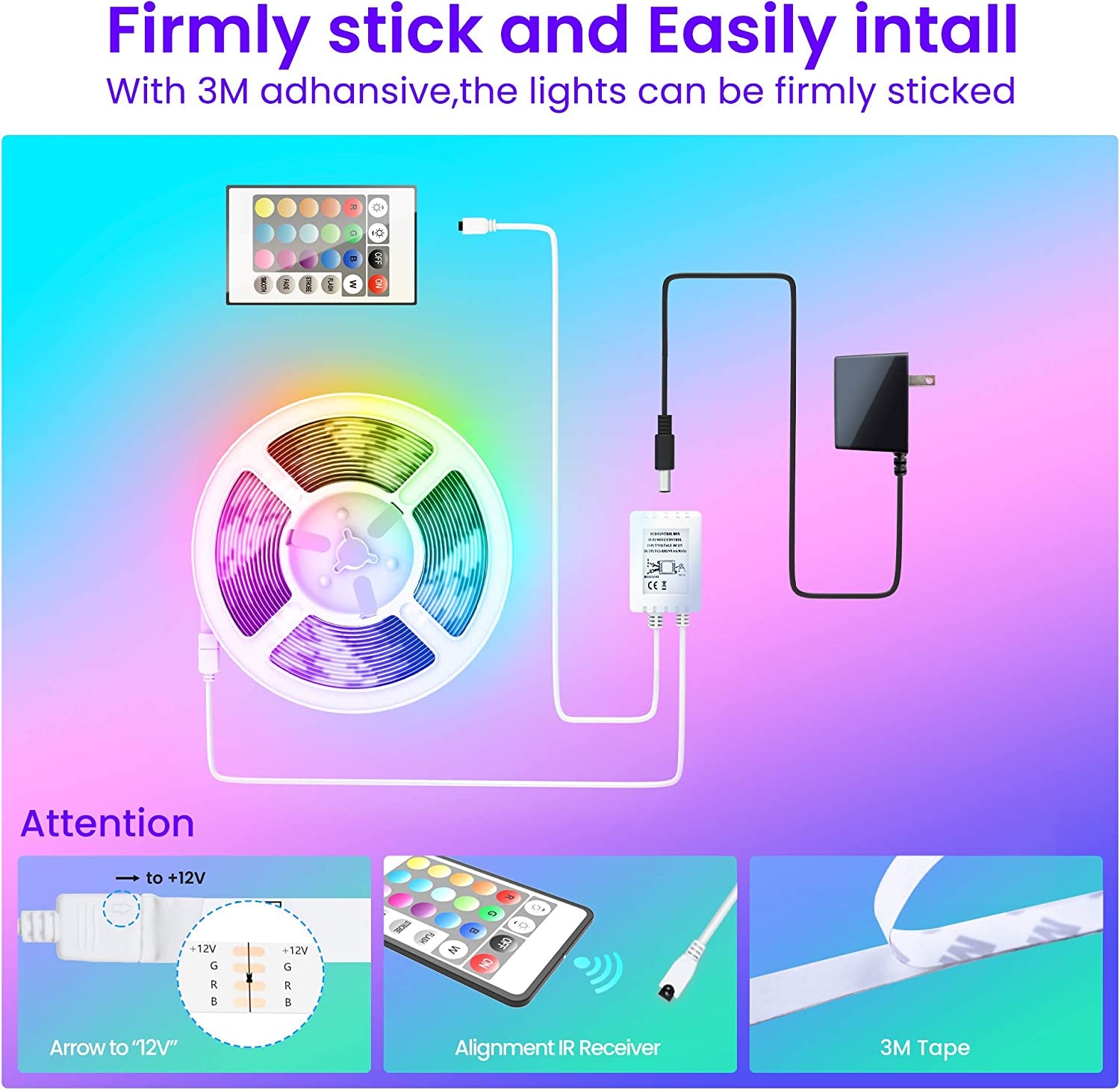 Professional title: "50 FT Bluetooth LED Strip Lights for Bedroom with Color Changing, Music Sync, Phone Controller, IR Remote"