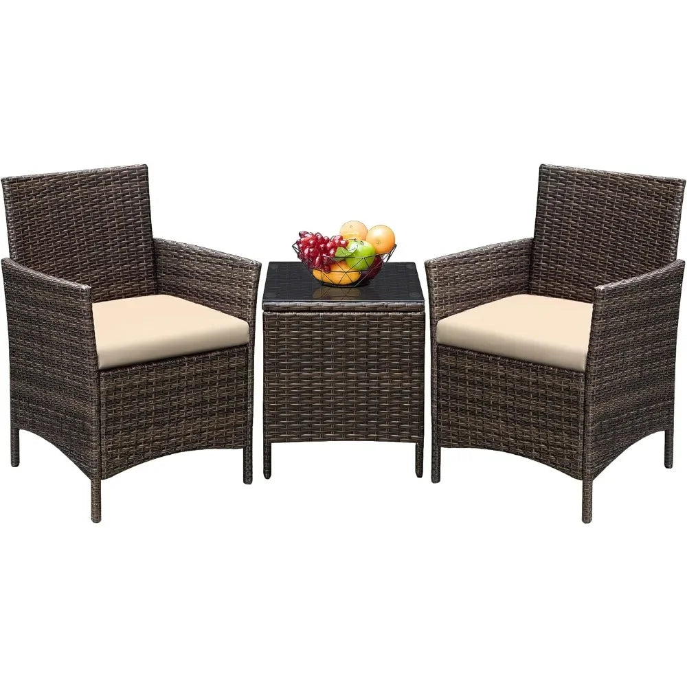 "3-Piece Patio Furniture Set with PE Rattan Wicker Chairs in Brown and Beige, Includes Outdoor Table with Free Shipping"