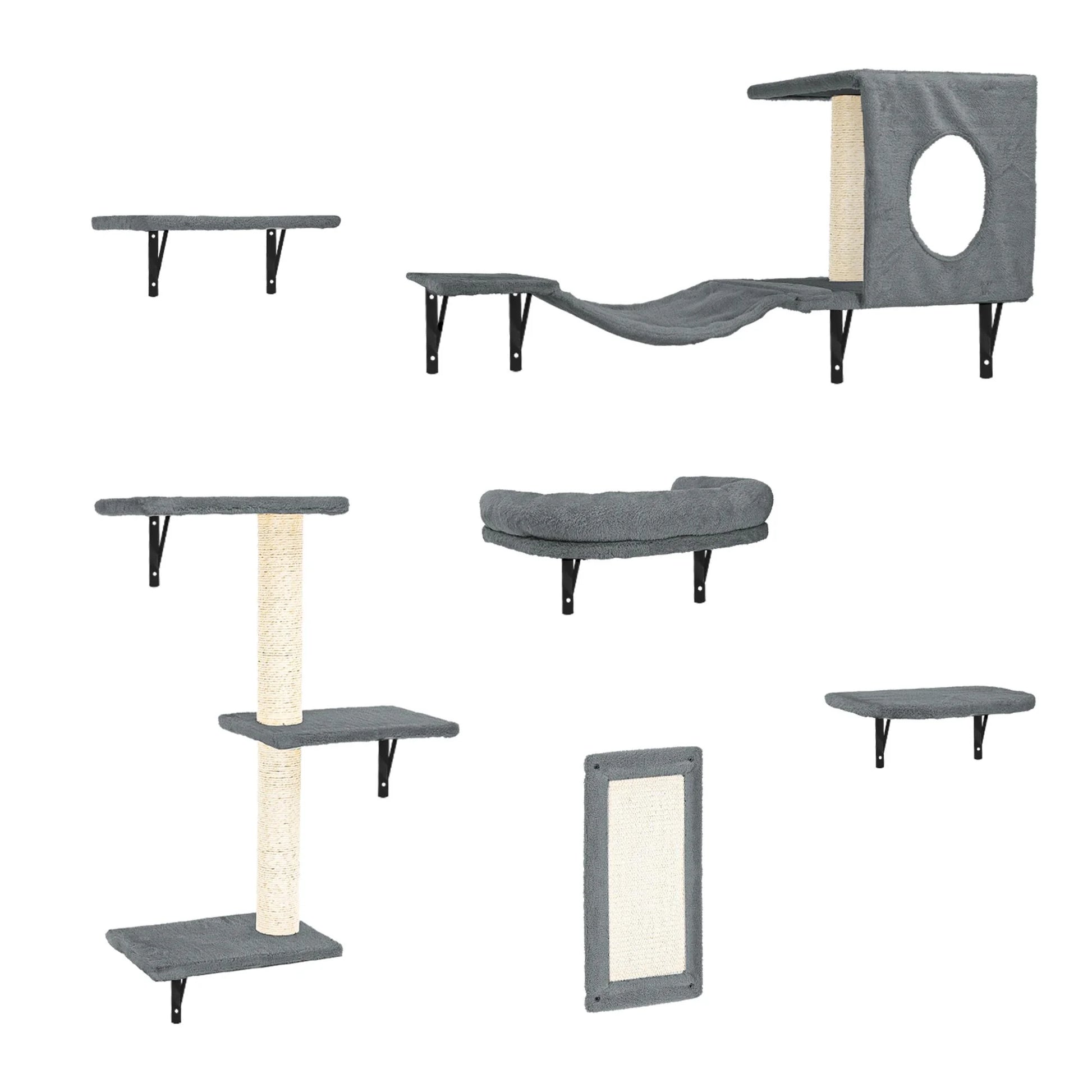 Pefilos Cat Wall Shelves and Perches Set of 6 with Cat Perch, Indoor Cat Condo for Sleeping Playing Lounging Climbing Cat Tree House, Gray