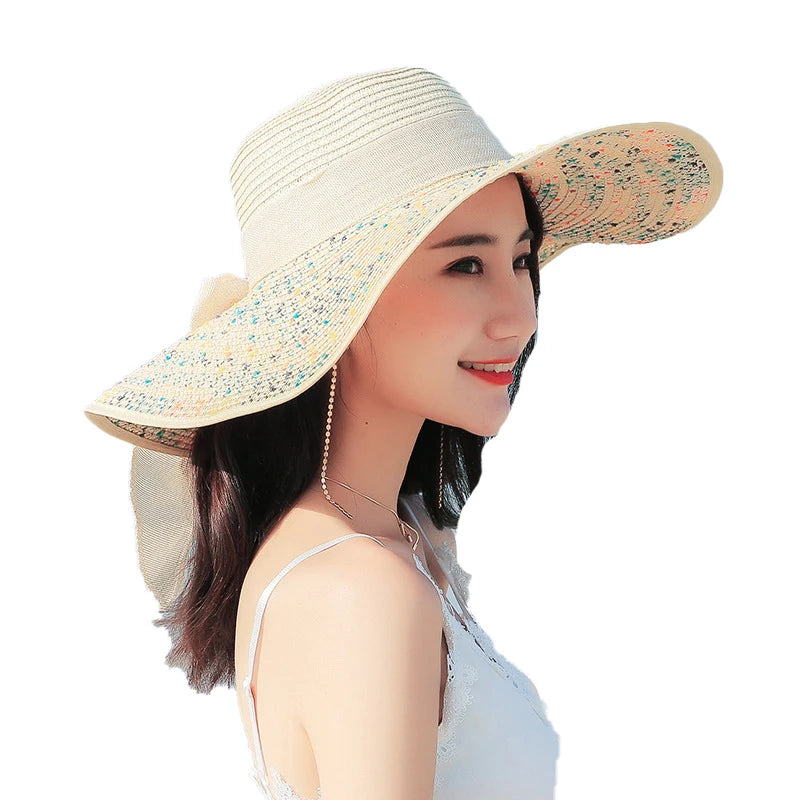 Summer Female Sun Hats Women Colorful Big Brim Straw Hat Bow Floppy Wide Brim Beach Cap Lady UV Protected Hat Big Size 58-60Cm