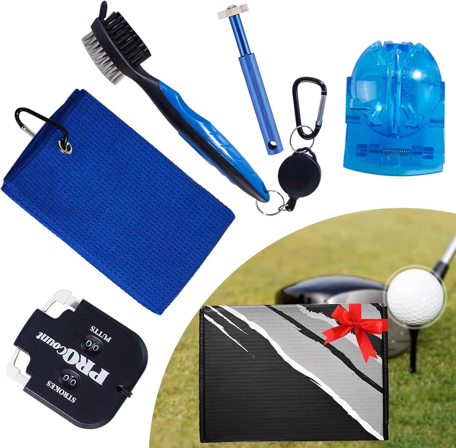 Professional Golf Club Cleaning and Tool Accessory Set with Towel, Club Brush, Groove Sharpener, Ball Marker, and Score Counter