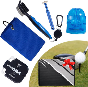 Professional Golf Club Cleaning and Tool Accessory Set with Towel, Club Brush, Groove Sharpener, Ball Marker, and Score Counter