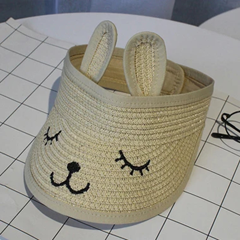 Kids Summer Sun Hats Boys Girls Foldable Straw Hat Empty Top Cute Rabbit Ear Sunscreen Beach Hat