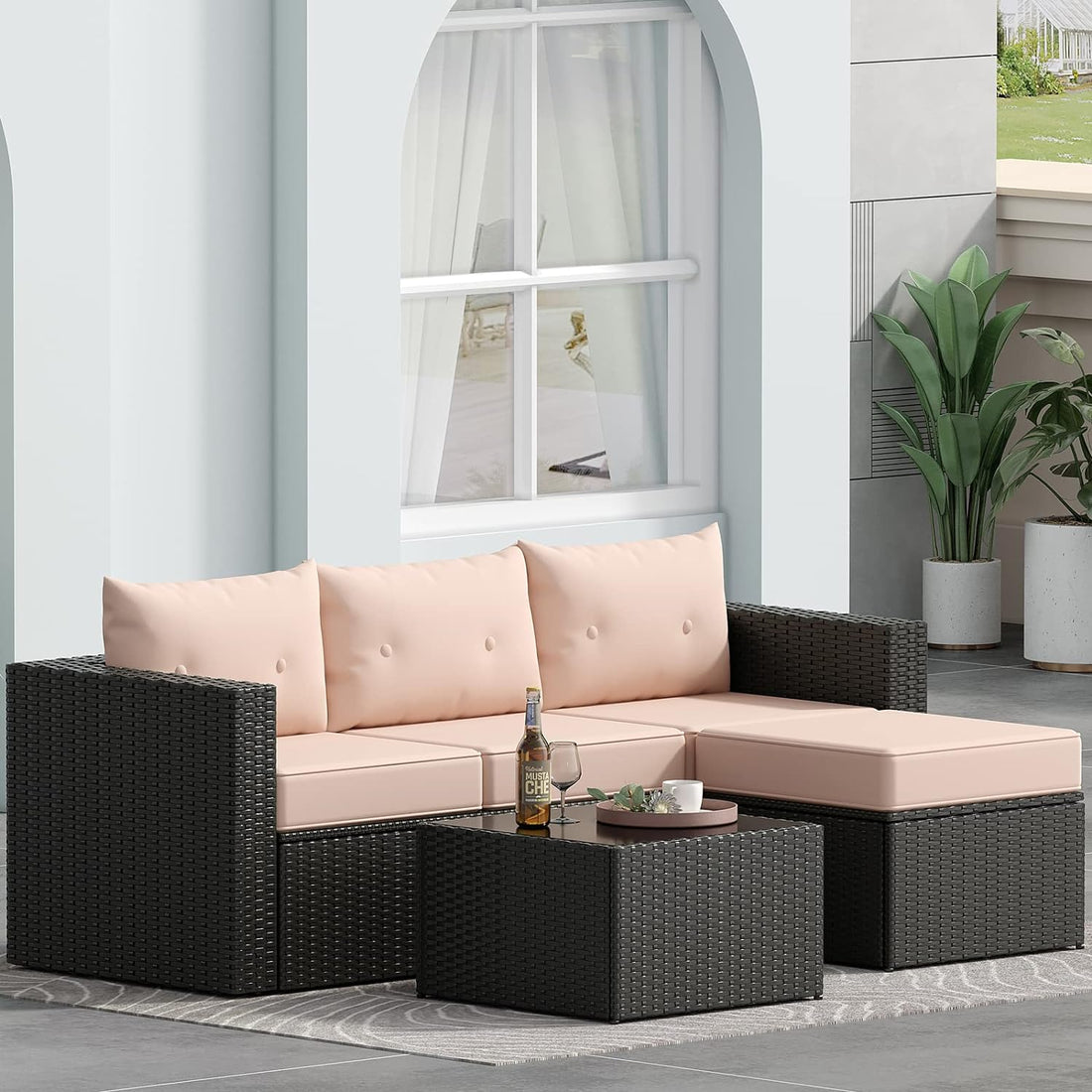 Outdoor Patio Furniture Set with Sectional Couch, Ottoman, and Glass Table - 5 Pieces (Black+Beige)