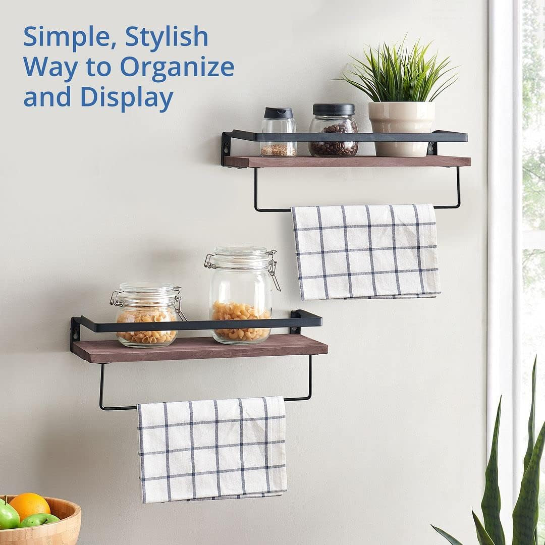 Rustic Wood Floating Shelf with Towel Rack - Perfect for Kitchen and Bathroom