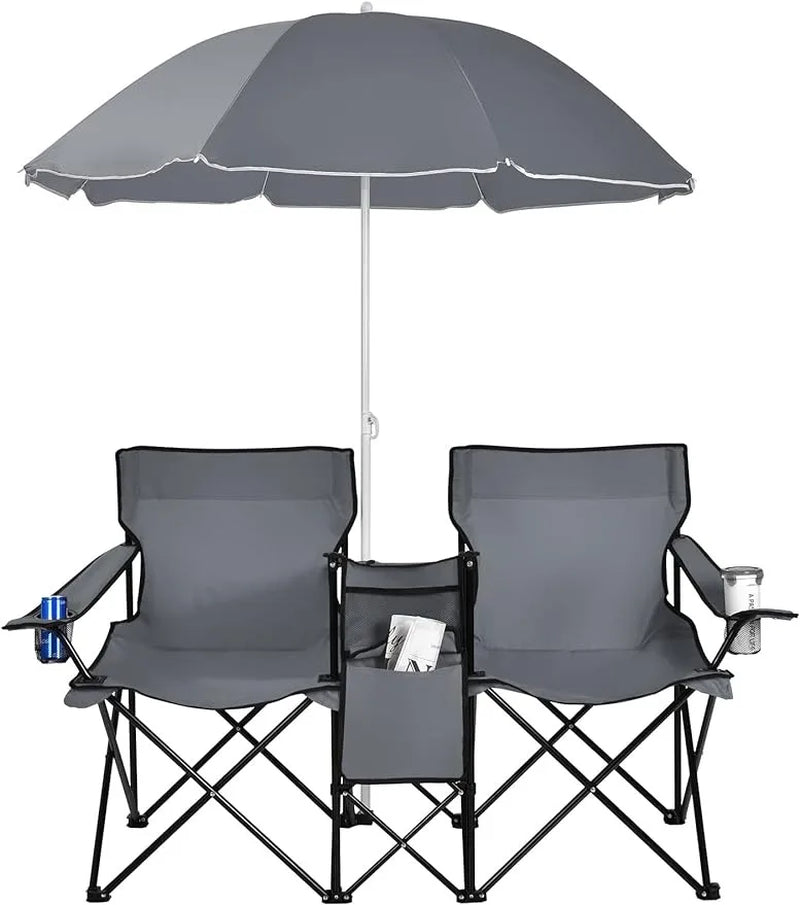 Outdoor Portable Folding Double Chair with Umbrella, Table, and Cooler - Ideal for Picnics, Beach, Camping, Patio, Pool, and Park