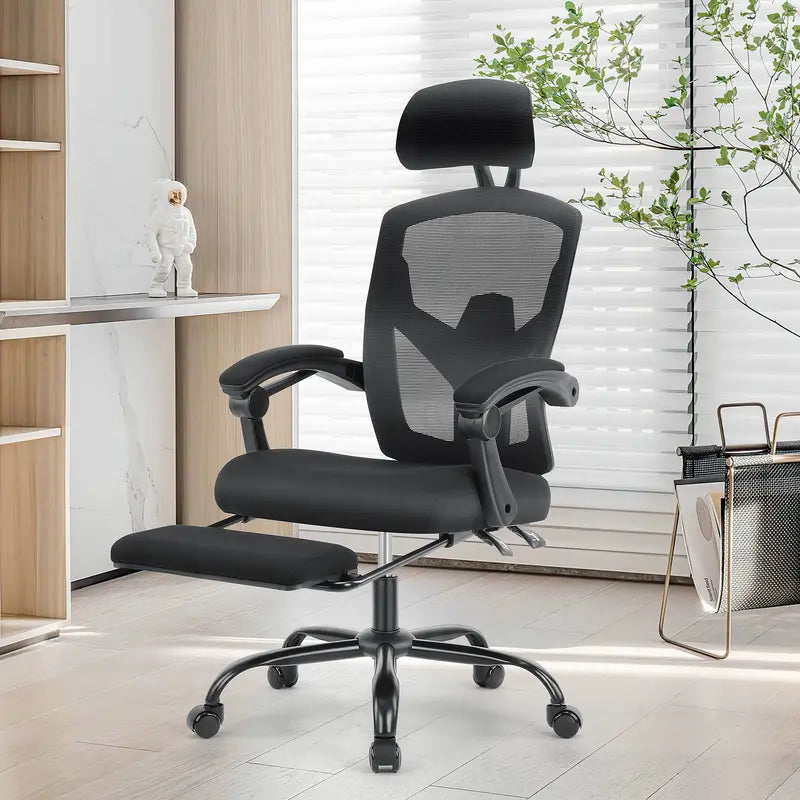 Sweetfurniture Ergonomic Office Chair Reclining Office Chair with Foot Rest, High Back Computer Desk Chair Mesh Swivel Rolling Task Chair with Lumbar Support Pillow, Adjustable Headrest, Padded Armrests