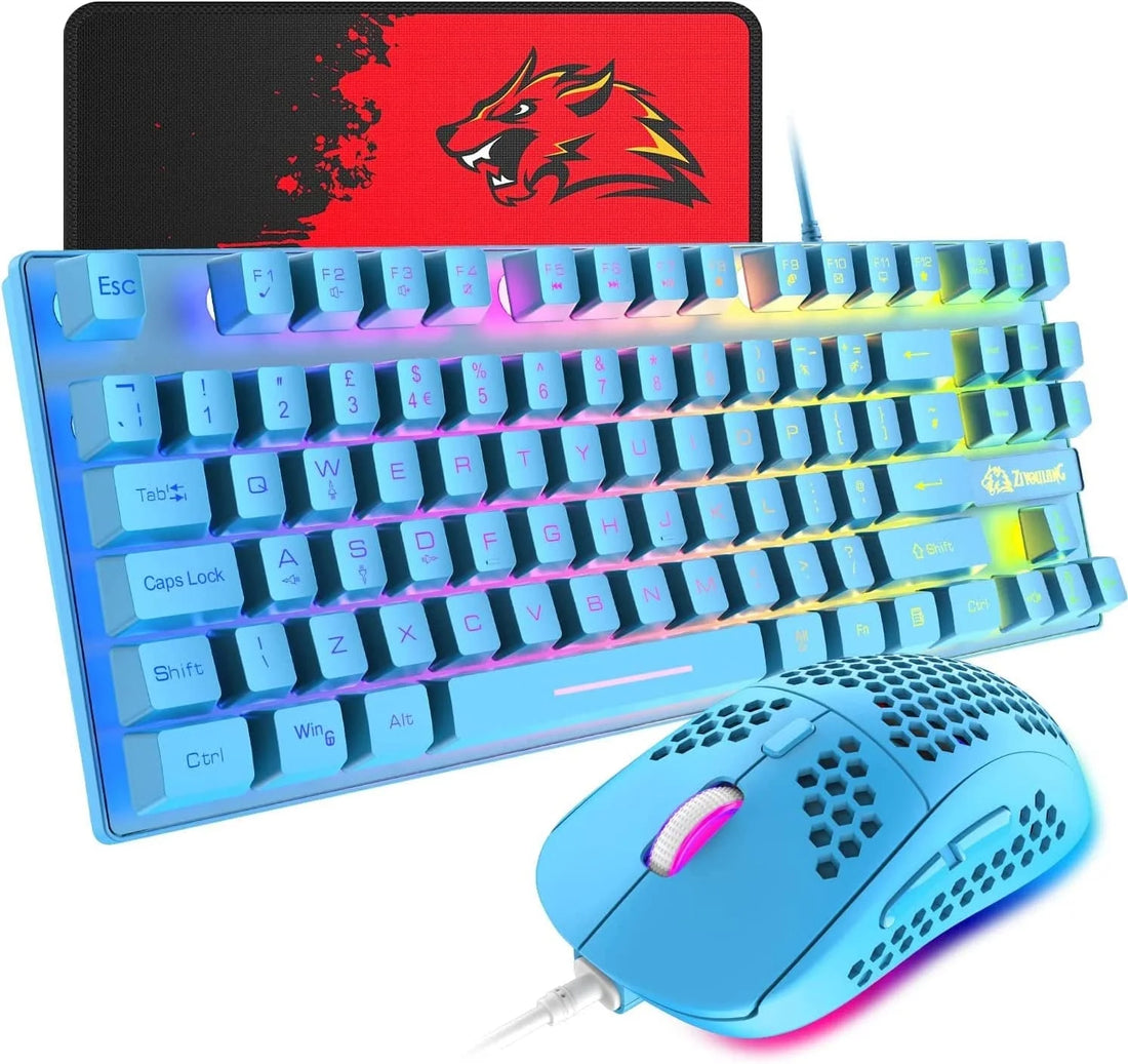 Gaming Keyboard and Mouse Combo, 88 Keys Compact Rainbow Backlit Mechanical Touch Keyboard, RGB Backlit 6400 DPI Lightweight Gaming Mouse with Honeycomb Case for Windows PC Gamers (Blue)