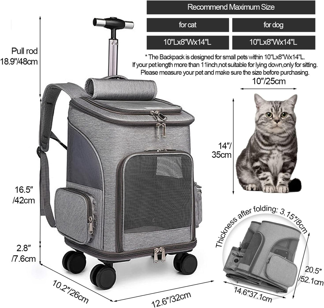 Airline Approved Pet Carrier Backpack with Wheels - Large Space, Rolling Backpack with Durable Handle and Flexible Wheels, Breathable Mesh Panels - Most Airplane Approved