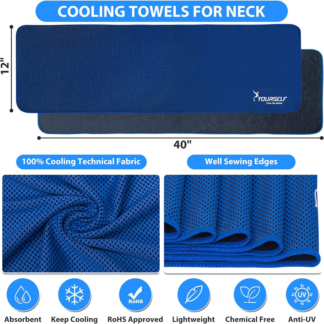 Cooling Towel 4-Pack - 40" x 12" Instant Cooling Relief Towels for Neck - Soft Breathable Chilly Towel for Yoga, Golf, Sports, Athletes, Camping (Dark Blue)