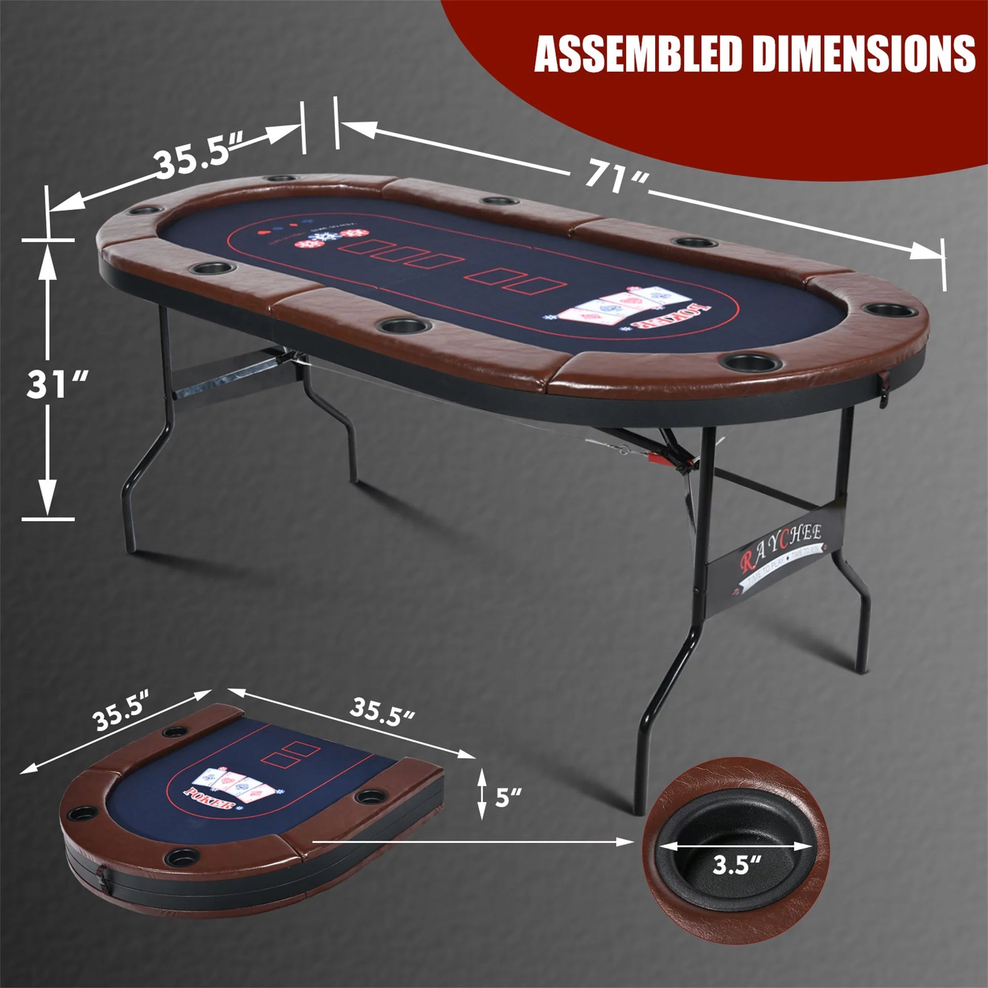 Raychee 8 Player Foldable Poker Table, Folding Texas Holdem Table, Portable Casino Table for Game Room with Padded Rails and Cup Holders (Brown, 71 Inch)