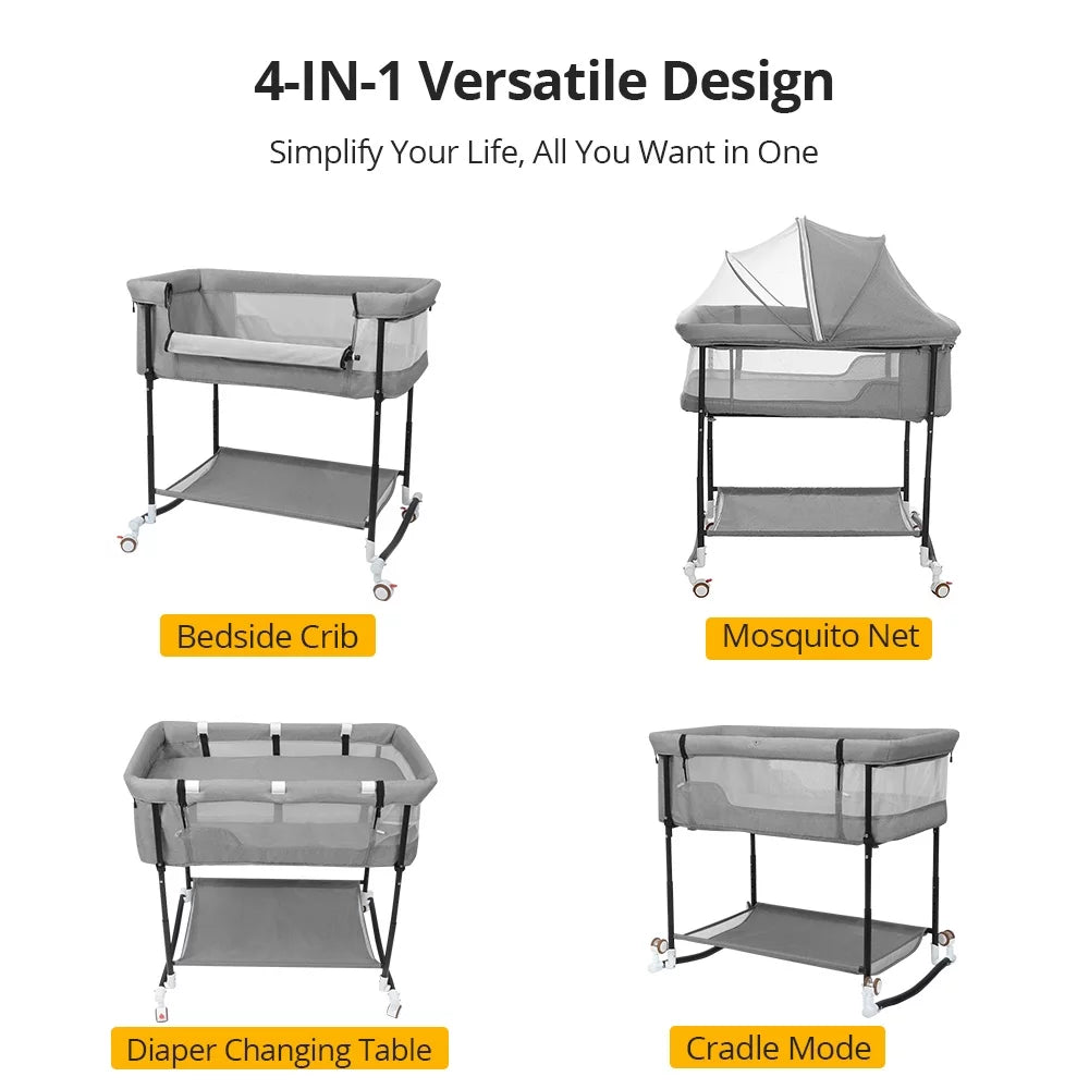 Baby Bassinet, 4 in 1 Adjustable Infant Bedside Crib Beds with Changing Table, Storage Basket, Wheel, Mosquito Net, for 0-24 Months, Gray