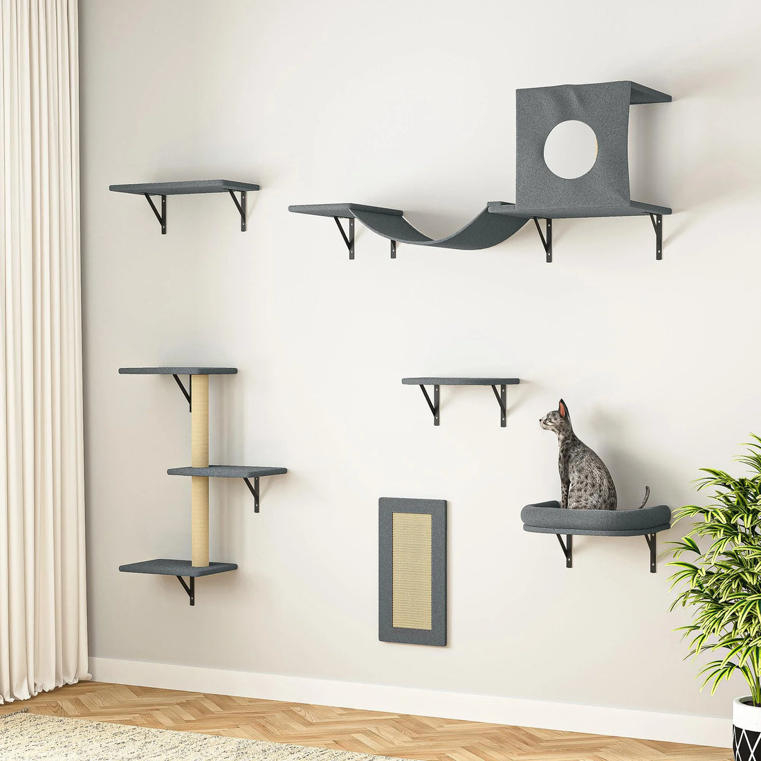 Pefilos Cat Wall Shelves and Perches Set of 6 with Cat Perch, Indoor Cat Condo for Sleeping Playing Lounging Climbing Cat Tree House, Gray