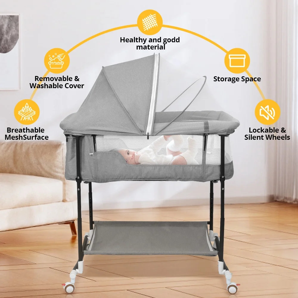 Baby Bassinet, 4 in 1 Adjustable Infant Bedside Crib Beds with Changing Table, Storage Basket, Wheel, Mosquito Net, for 0-24 Months, Gray