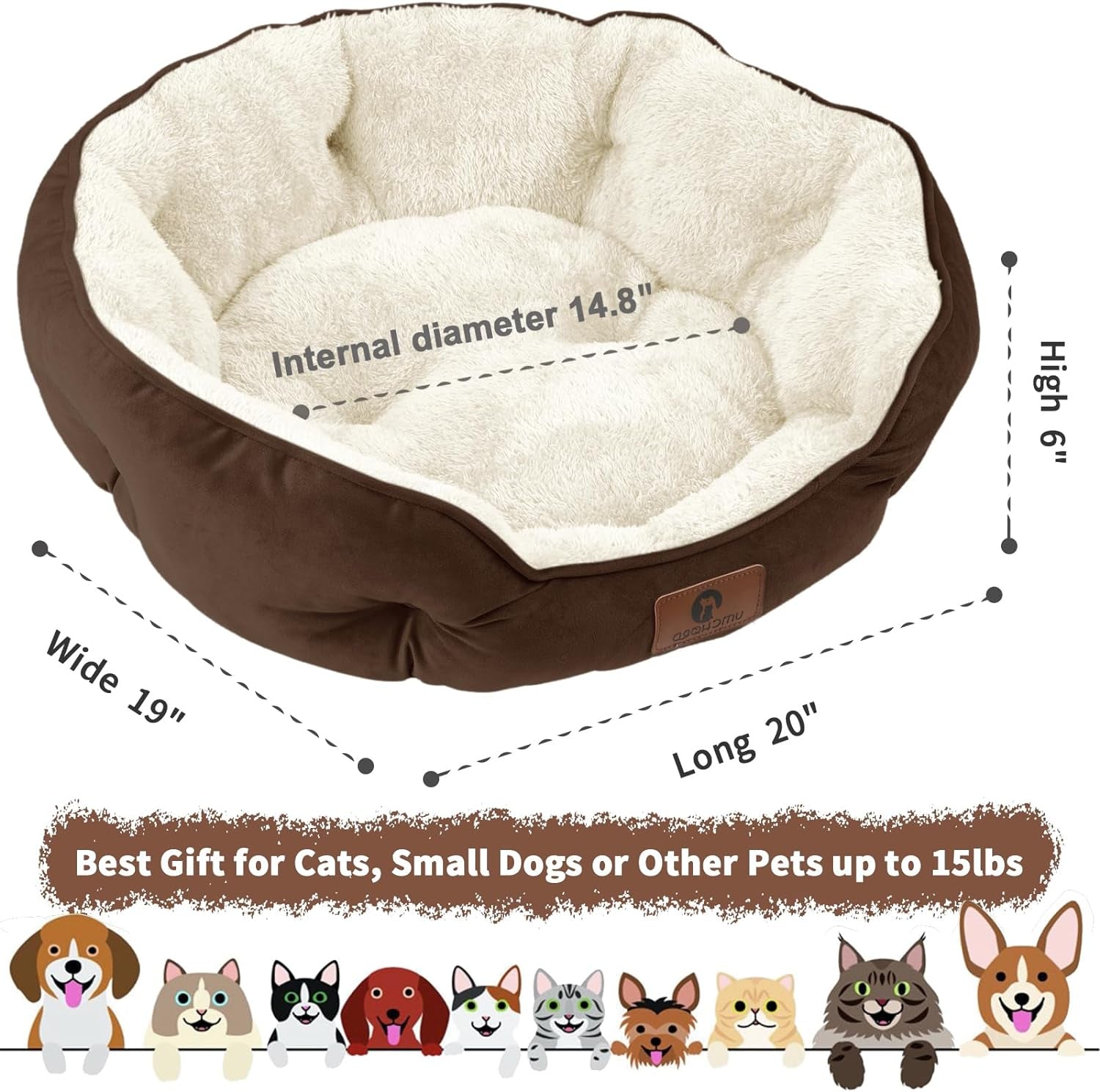 Pet Bed for Small Dogs and Cats - Extra Soft, Machine Washable, Anti-Slip Bottom - Brown, 20 Inches