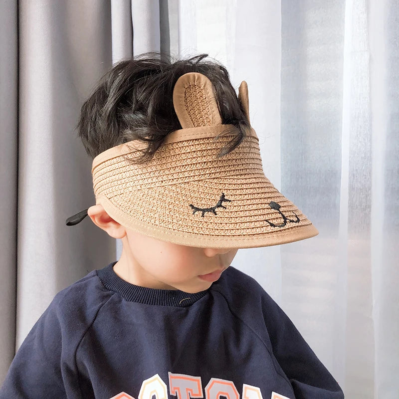 Kids Summer Sun Hats Boys Girls Foldable Straw Hat Empty Top Cute Rabbit Ear Sunscreen Beach Hat