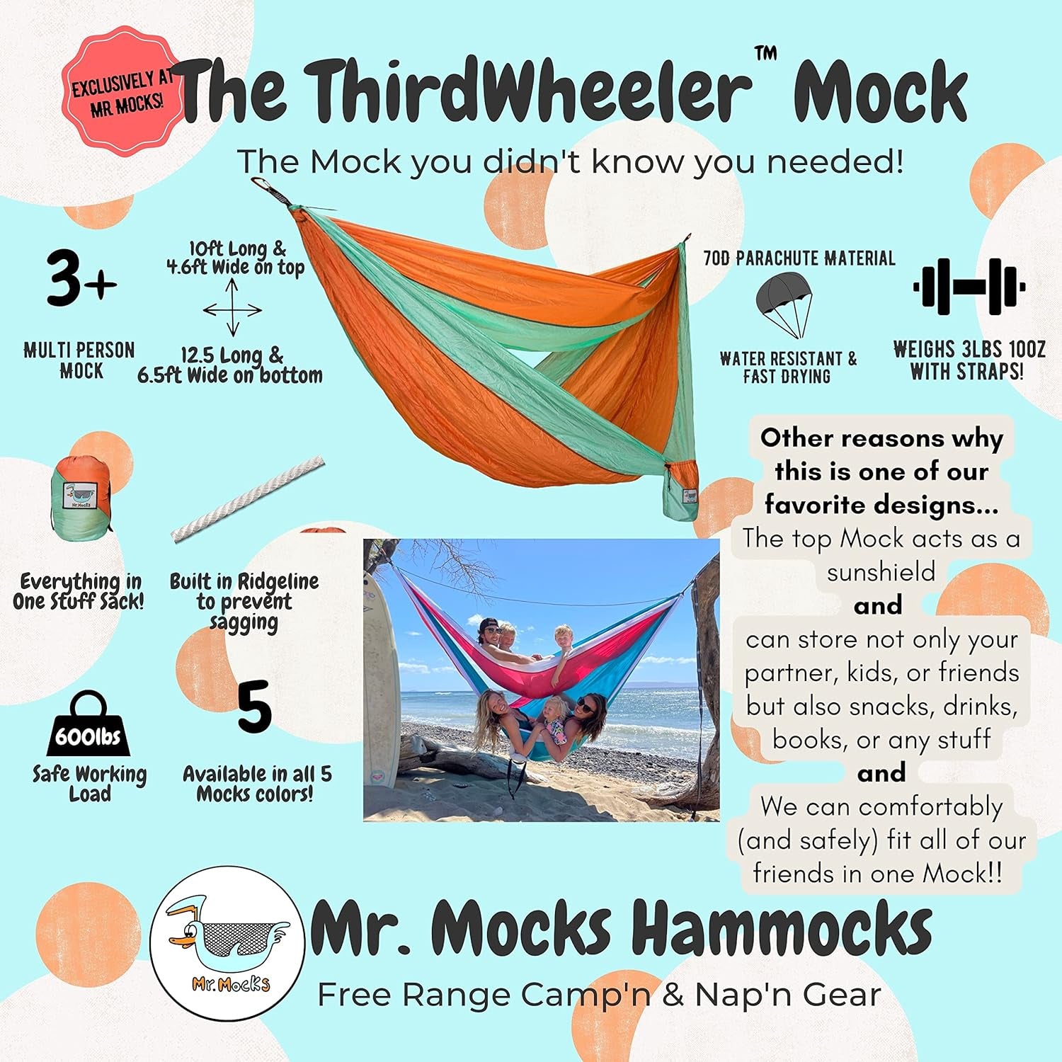 Single, Double, Triple Hammock, Light Weight Tree Straps, Aluminum Carabiners, Water Resistant Parachute Nylon, Easy Stuff Sack, Great Travel Camping Mock (Just Peachy, Double)