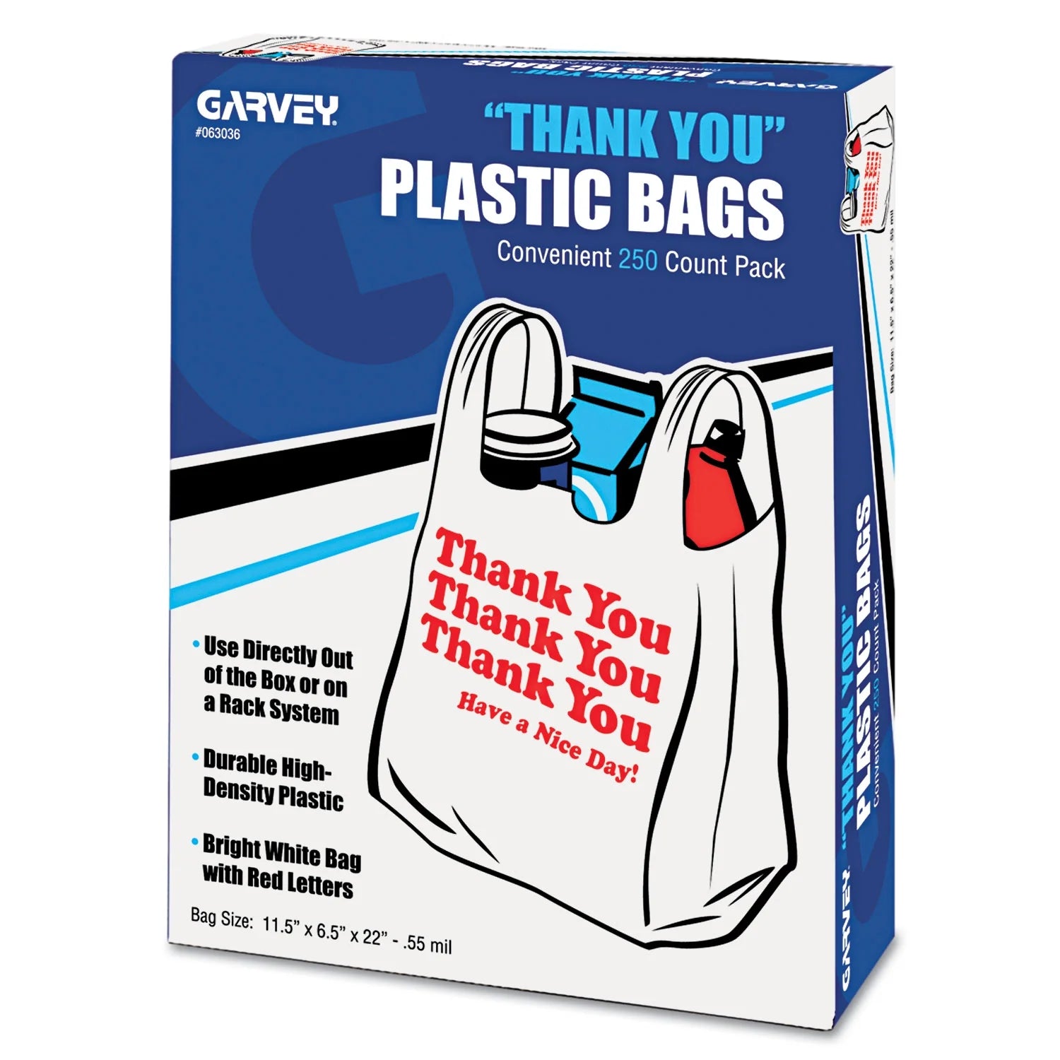 Garvey "Thank You" Bags Printed Plastic .5Mil 11 X 22 White 250/Box 063036