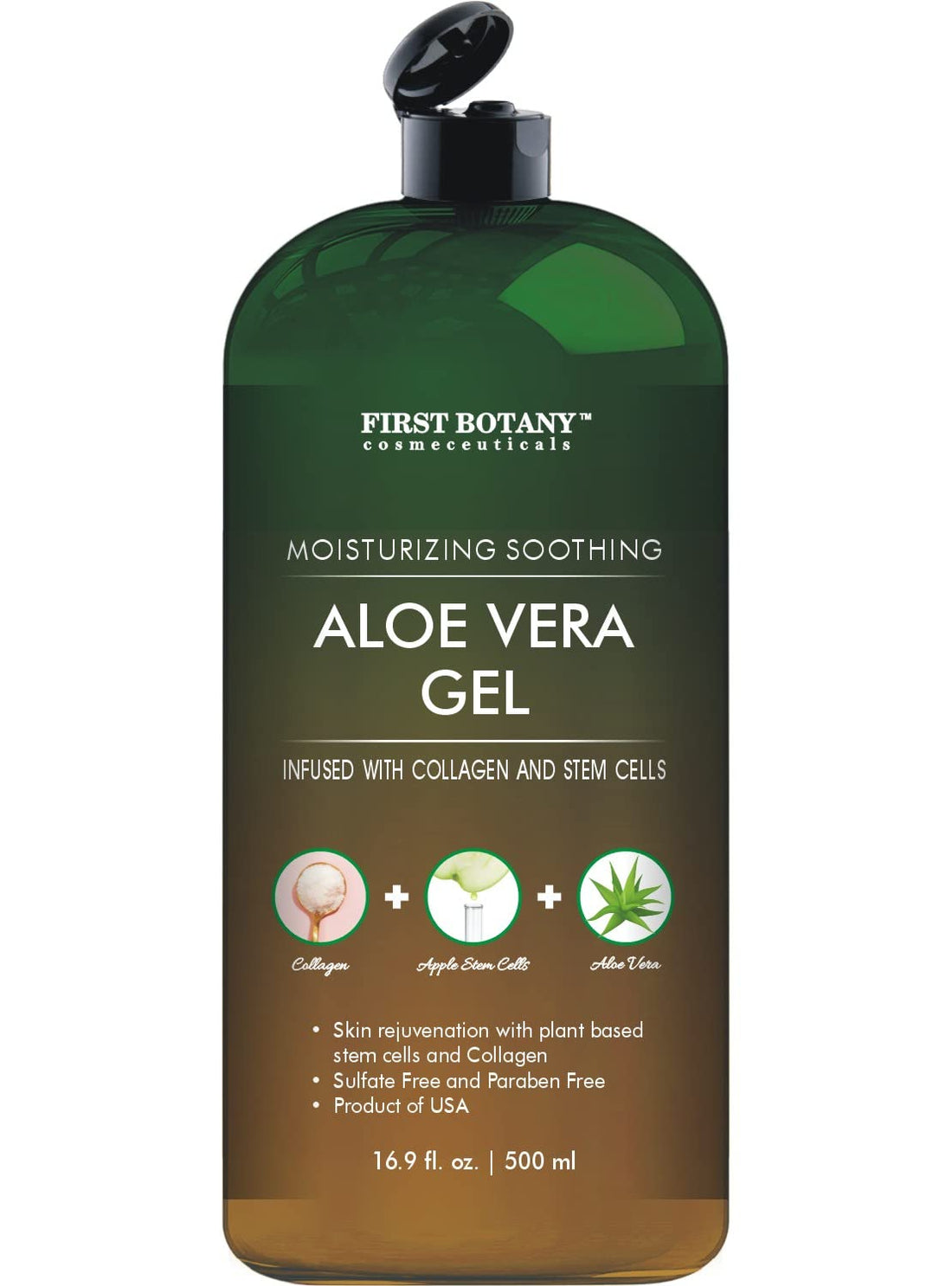 First Botany Aloe Vera Gel Infused with Stem Cells, Collagen, Tea Tree Oil - Natural Moisturizer for Face, Skin, Body, and Hair - 16.9 Fl Oz