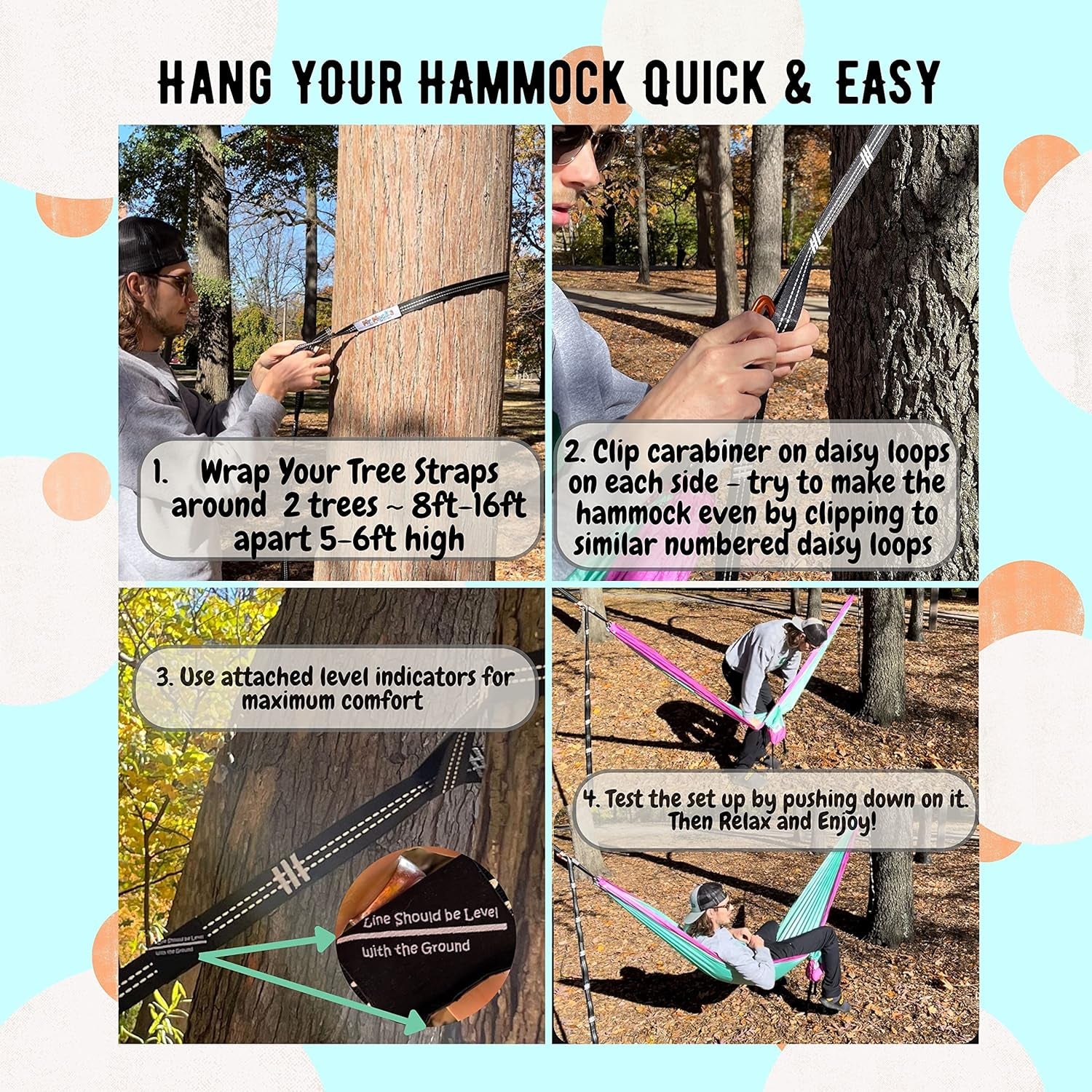 Single, Double, Triple Hammock, Light Weight Tree Straps, Aluminum Carabiners, Water Resistant Parachute Nylon, Easy Stuff Sack, Great Travel Camping Mock (Just Peachy, Double)