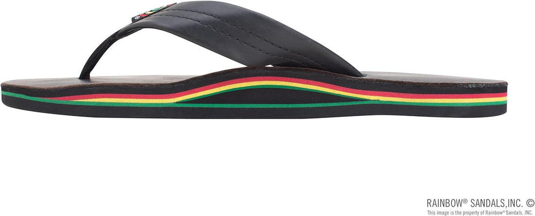 Women's Rainbow Sandals with Single Layer Black Leather and Rasta Midsole