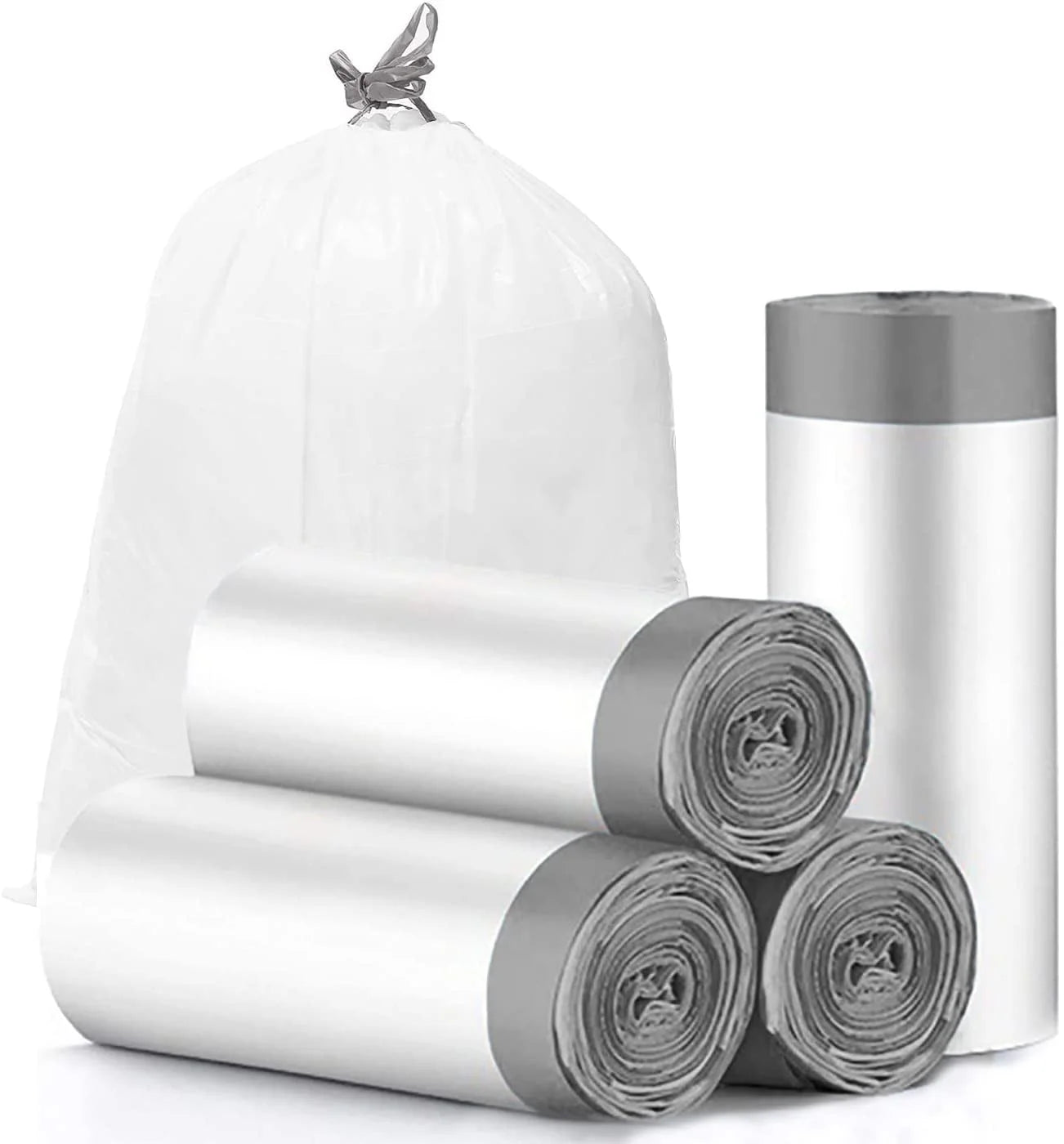 Charmount Drawstring 4 Gallon Trash Bags, Small Trash Bags, 60 Count (15 Liter)(Grey Drawstring）, Unscented Trash Can Liner