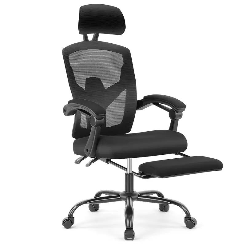 Sweetfurniture Ergonomic Office Chair Reclining Office Chair with Foot Rest, High Back Computer Desk Chair Mesh Swivel Rolling Task Chair with Lumbar Support Pillow, Adjustable Headrest, Padded Armrests