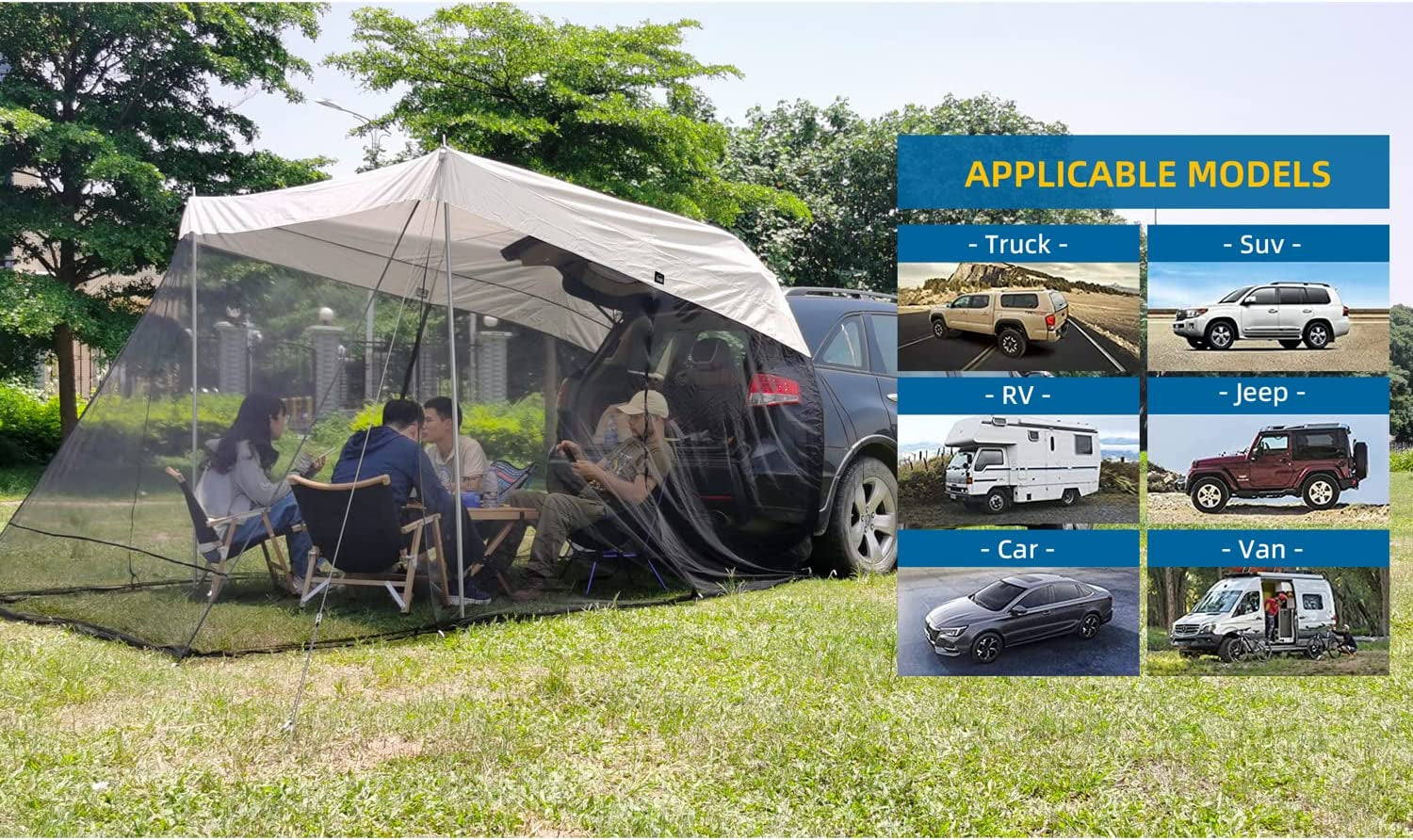 Car Awning Sun Shelter Tents Camping Truck Canopy, Portable SUV Tent Rooftop with Mosquito Net, Universal Tailgate Tent Outdoor for MPV, Trucks, Hatchbacks and Cars 118”X78.74”X78.74”