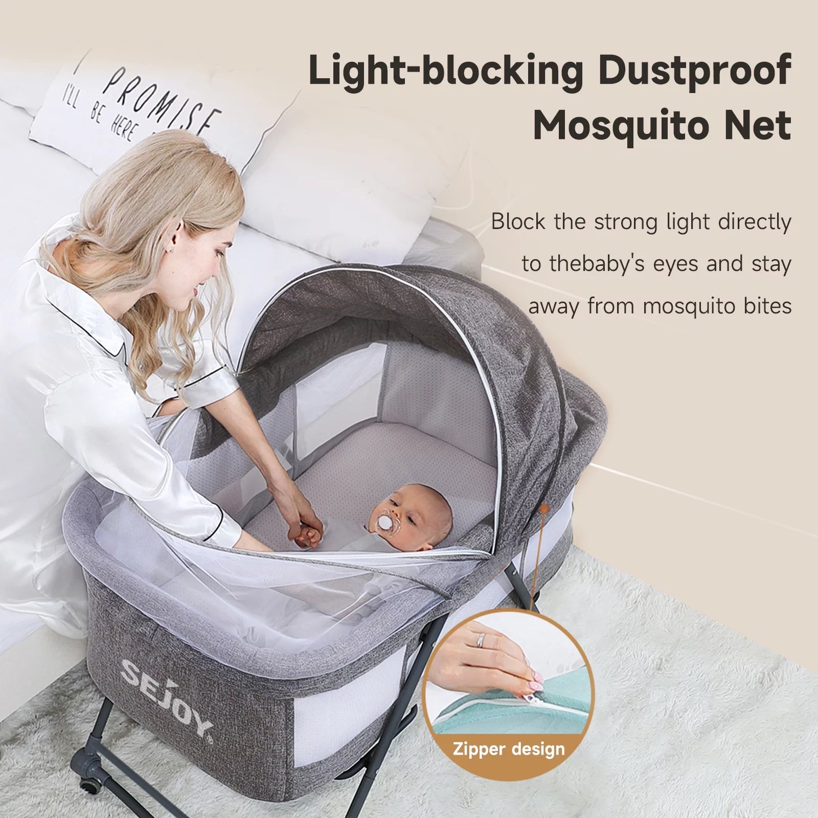 Sejoy 2 in 1 Bedside Bassinet for Baby, Bassinet Bedside Sleeper with Grocery Basket & Mosquito Net, Quick-Fold Travel Bassinet Crib for Newborn Girl Boy Infant with Wheel,Grey