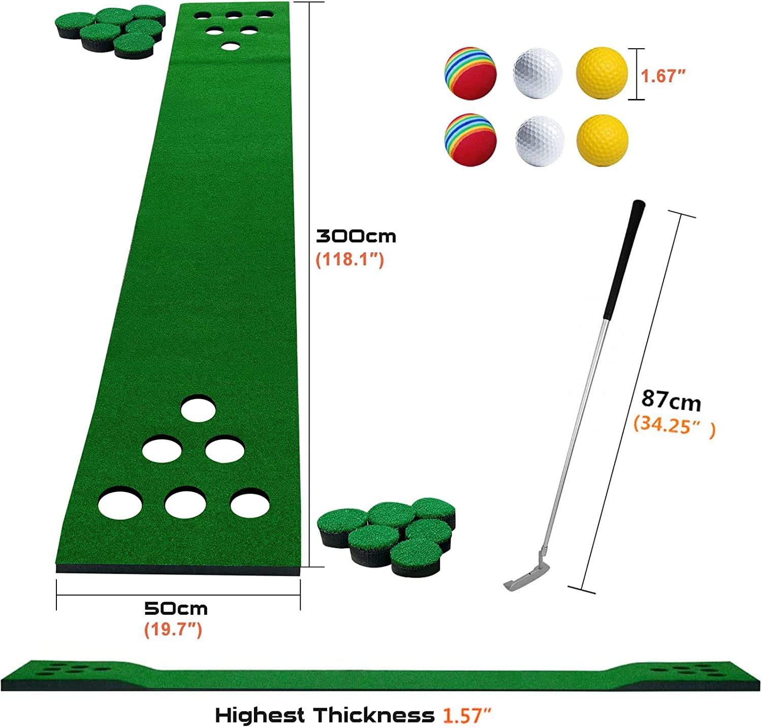 Professional Golf Putting Mat Set with Putter, Balls, and Accessories - 9.84ft x 1.64ft