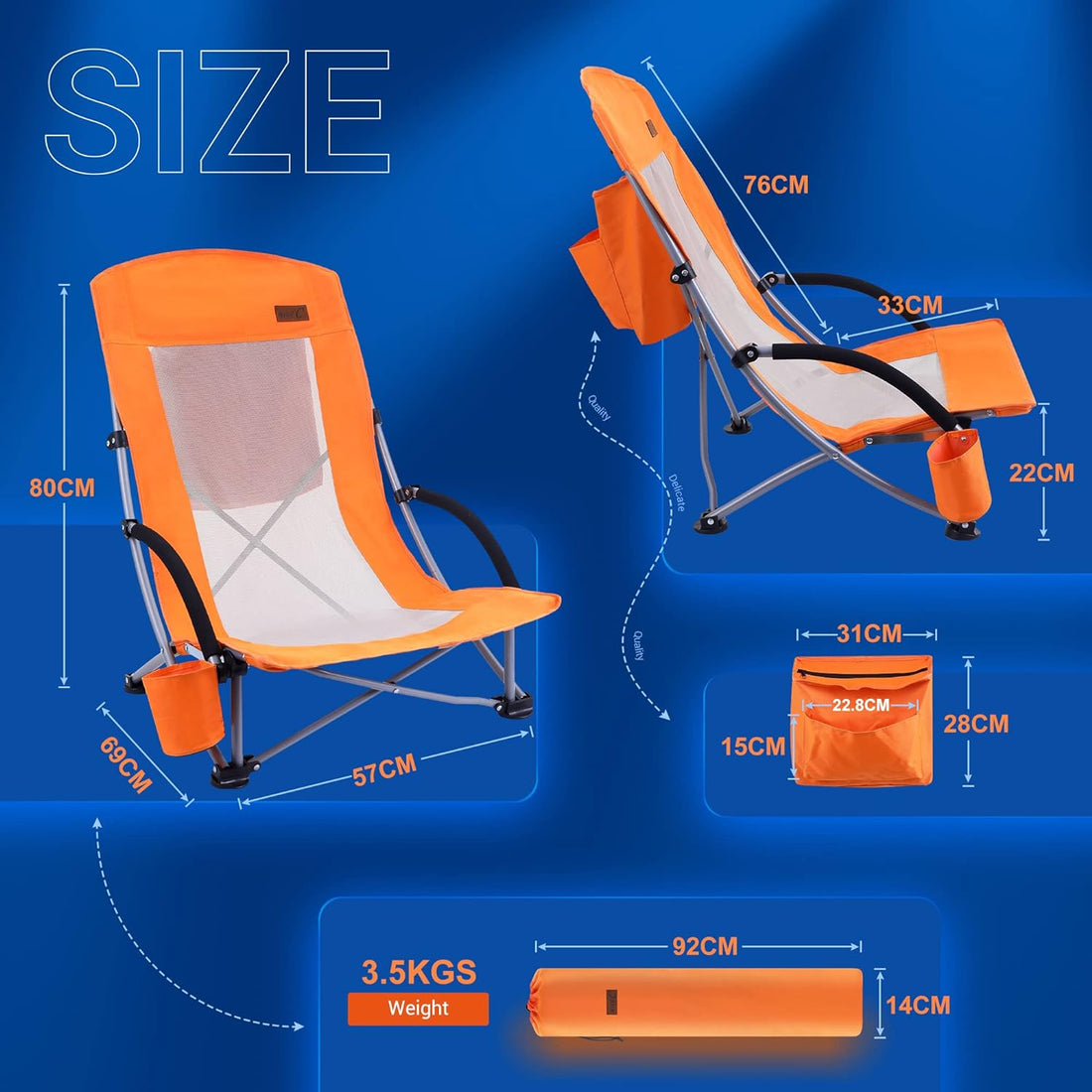 Professional Beach Chair for Adults with Cooler, High Back, Cup Holder, and Carry Bag - Heavy Duty Outdoor Chair for Camping, BBQ, Beach, Travel, Picnics, and Festivals (Orange)