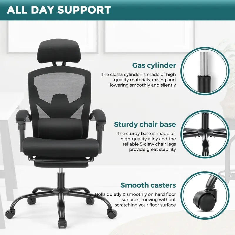 Sweetfurniture Ergonomic Office Chair Reclining Office Chair with Foot Rest, High Back Computer Desk Chair Mesh Swivel Rolling Task Chair with Lumbar Support Pillow, Adjustable Headrest, Padded Armrests