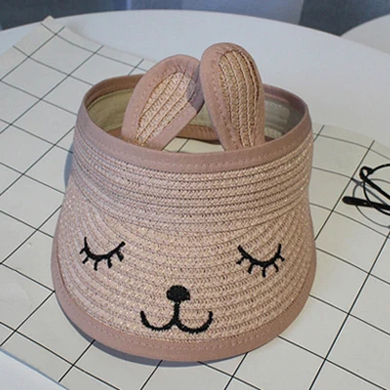 Kids Summer Sun Hats Boys Girls Foldable Straw Hat Empty Top Cute Rabbit Ear Sunscreen Beach Hat