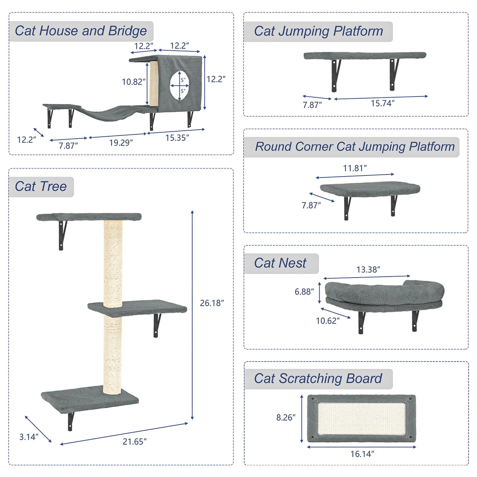 Pefilos Cat Wall Shelves and Perches Set of 6 with Cat Perch, Indoor Cat Condo for Sleeping Playing Lounging Climbing Cat Tree House, Gray