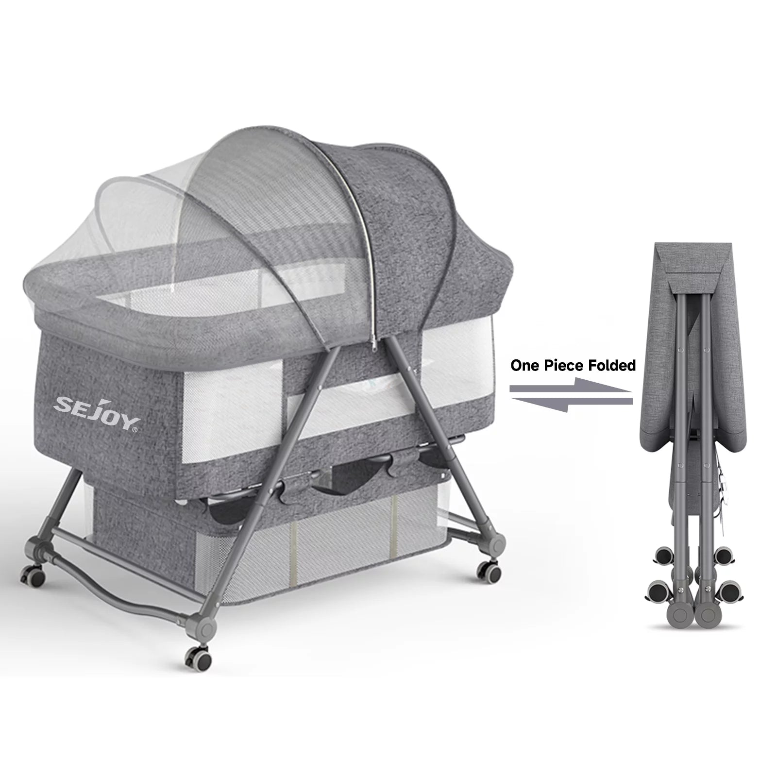 Sejoy 2 in 1 Bedside Bassinet for Baby, Bassinet Bedside Sleeper with Grocery Basket & Mosquito Net, Quick-Fold Travel Bassinet Crib for Newborn Girl Boy Infant with Wheel,Grey