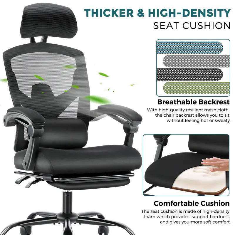 Sweetfurniture Ergonomic Office Chair Reclining Office Chair with Foot Rest, High Back Computer Desk Chair Mesh Swivel Rolling Task Chair with Lumbar Support Pillow, Adjustable Headrest, Padded Armrests