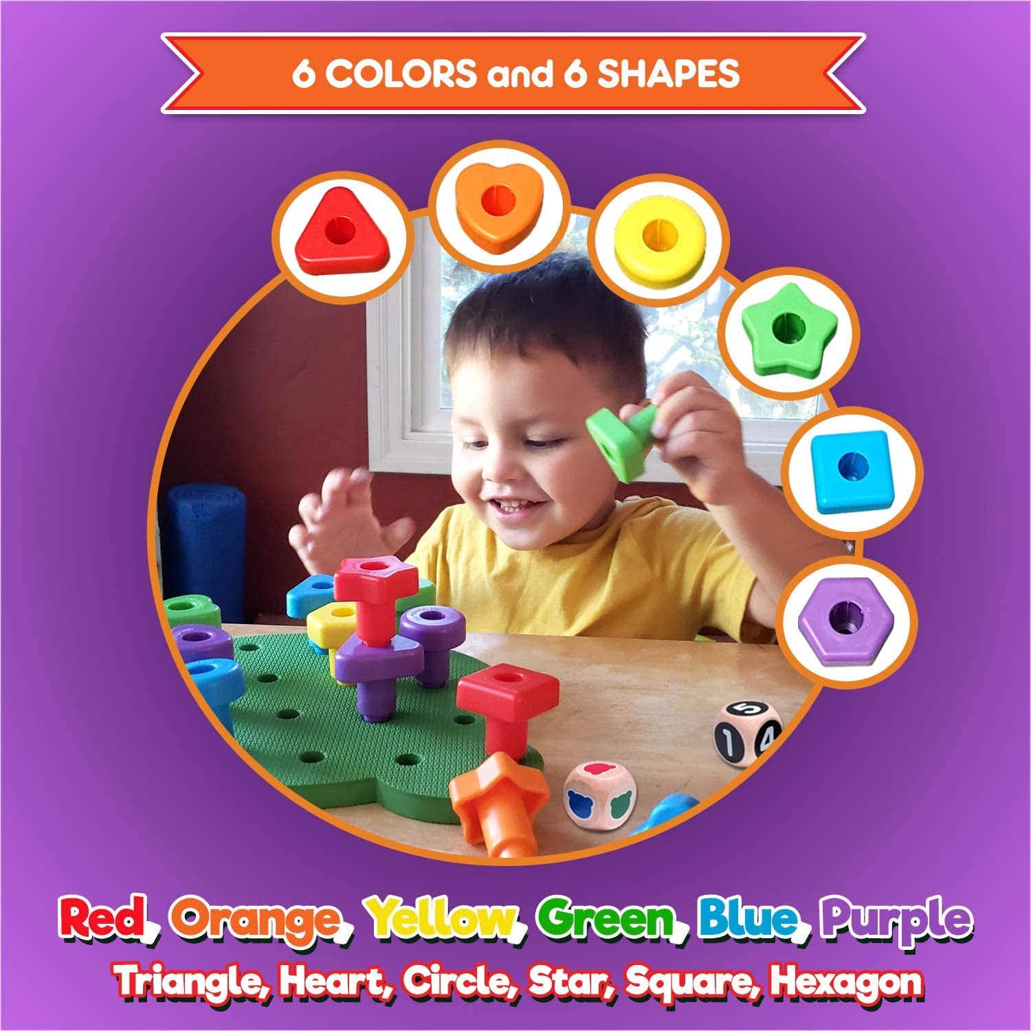 Peg Board Stacking Toddler Toys - Lacing Fine Motor Skills Montessori Toys for 3 4 5 Year Old Girls and Boys | Educational Matching Shapes Kids Toys with Pegs, Activity Ebook & Travel Backpack