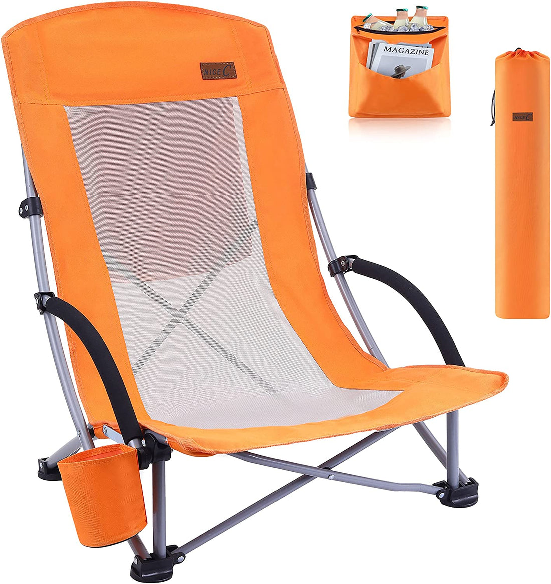 Professional Beach Chair for Adults with Cooler, High Back, Cup Holder, and Carry Bag - Heavy Duty Outdoor Chair for Camping, BBQ, Beach, Travel, Picnics, and Festivals (Orange)