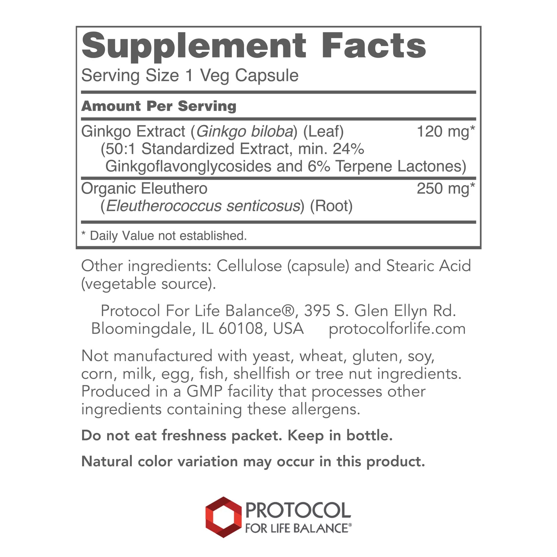 Protocol Ginkgo Biloba with Eleuthero Herbal Supplements - Circulation, Brain Support - 100 Veg Caps