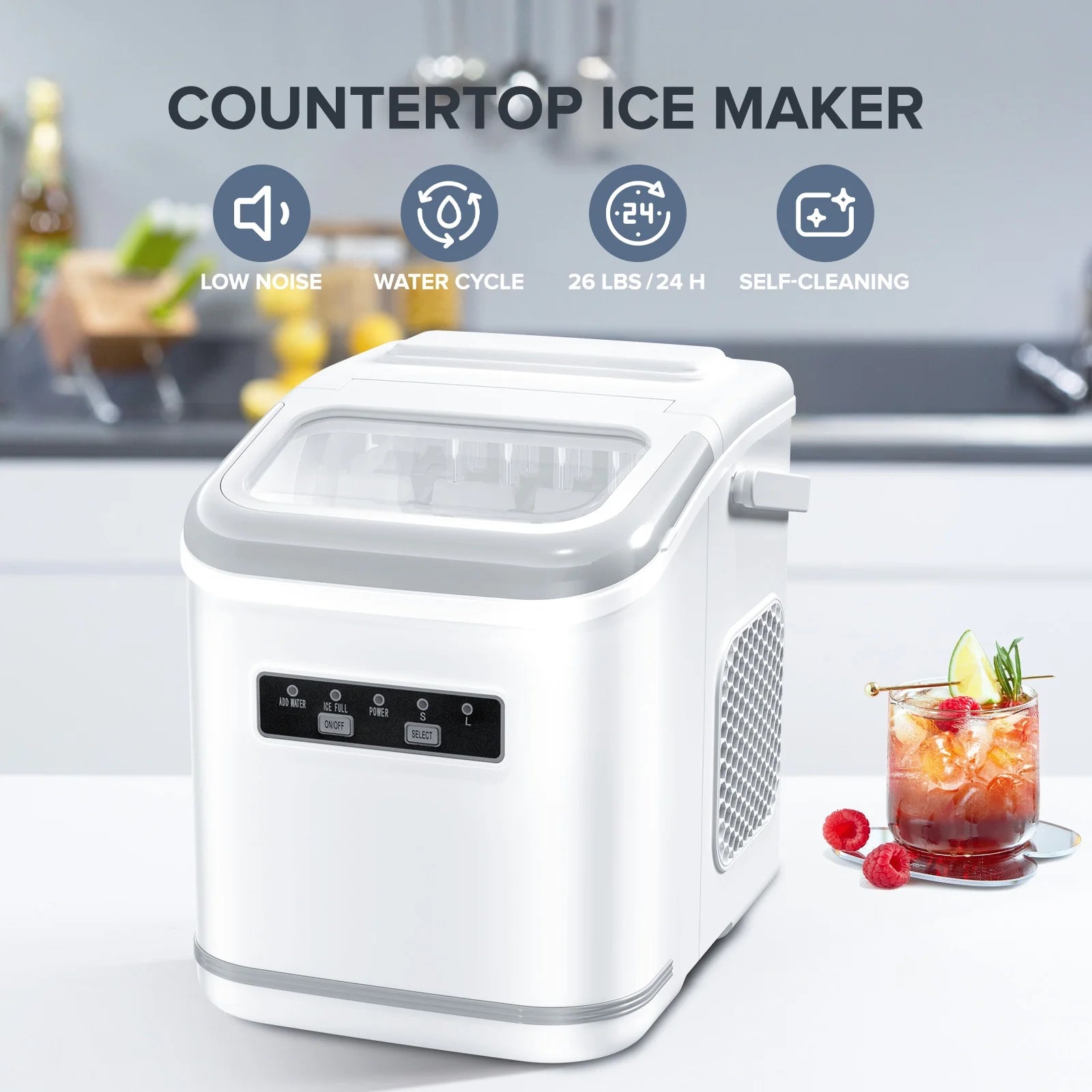 Countertop Ice Maker Portable Ice Machine,Self-Cleaning Ice Maker, 26Lbs/24H, 9 Ice Cubes Ready in 6 Mins, S/L Ice, for Home Kitchen Bar Party (WHITE)